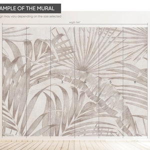 Peel-and-stick beige botanical wallpaper with etched tropical foliage.