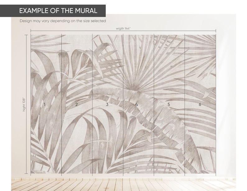Peel-and-stick beige botanical wallpaper with etched tropical foliage.