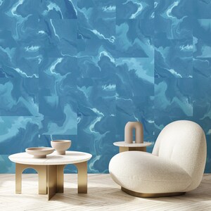 Blue Abstract Marble Squares Self Adhesive Wall Mural - Modern Style Peel and Stick Wall Decal - Minimalist Design Removable Wallpaper AM028