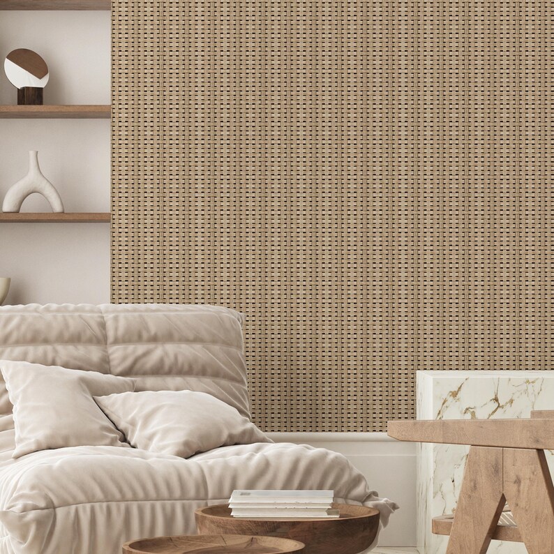 Beige rattan cane wallpaper with woven basket-weave texture for a neutral accent wall.