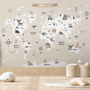 Beige World Map With Animals Peel & Stick Wall Mural - Cartoon Print Self Adhesive Wallcover - Pastel Cute Animals Removable Wallpaper AM112