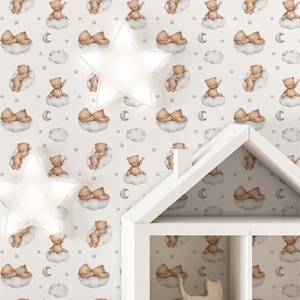 Gray Clouds and Bears Peel & Stick Wallpaper - Cartoon Watercolor Pattern Removable Wallcover - Kids Nursery Self Adhesive Wall Mural A033