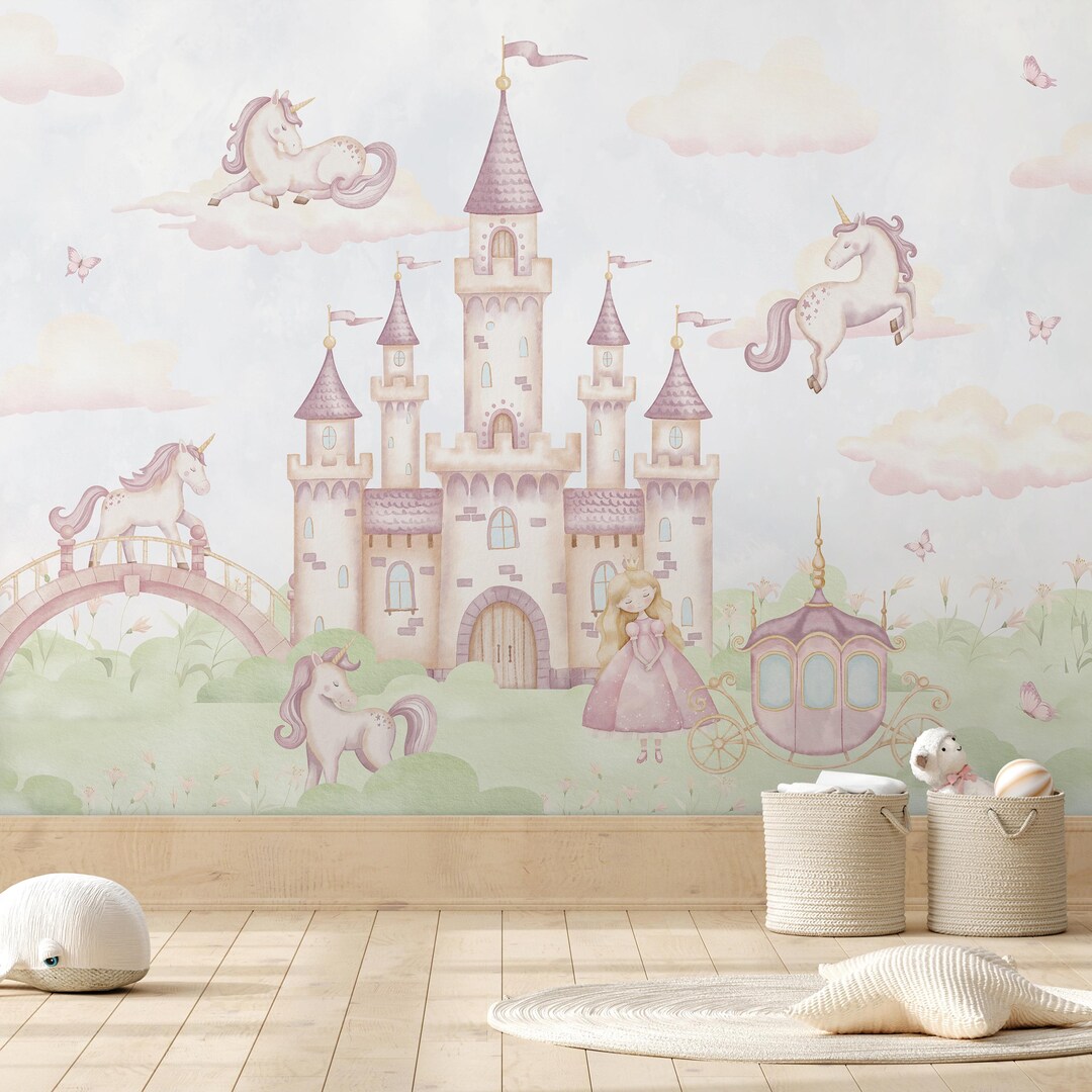 Pastel Magical Kingdom Peel and Stick Wall Mural - Watercolor Fantasy ...