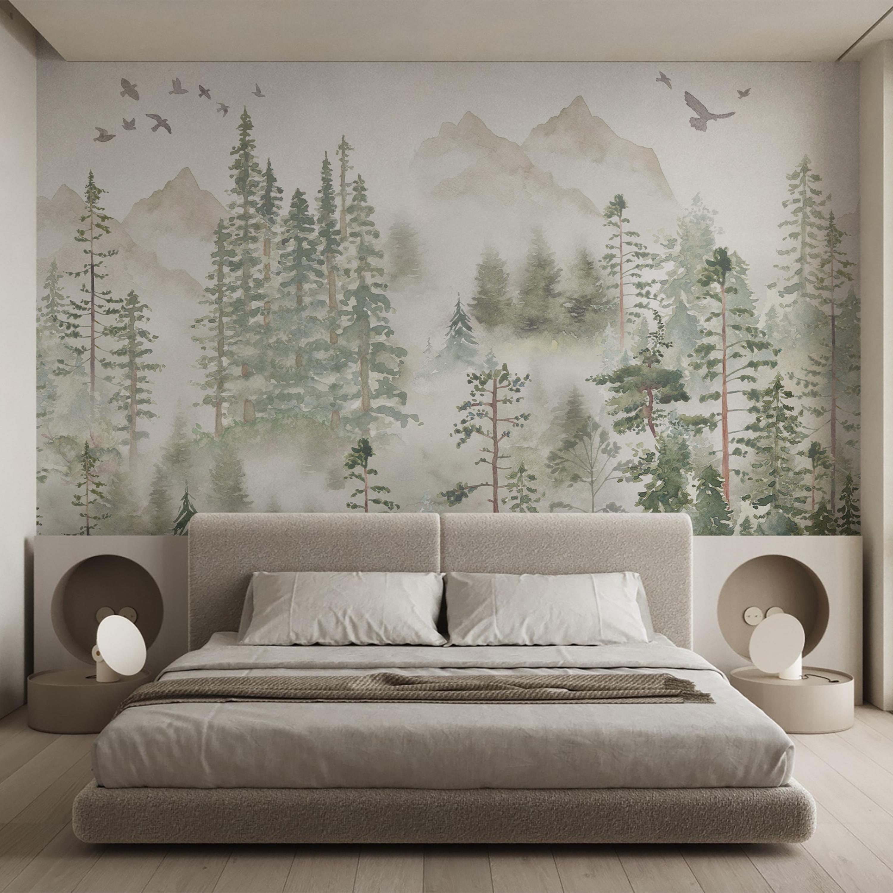 Green Misty Forest Mountain Wall Mural - Watercolor Woodland Nursery ...