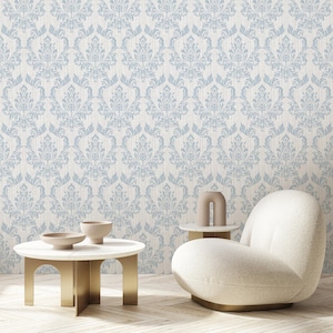 Light Blue Classic Damask Peel & Stick Wallpaper - Royal Elegant Ornament Removable Wall Cover - Antique Self Adhesive Wall Mural A032