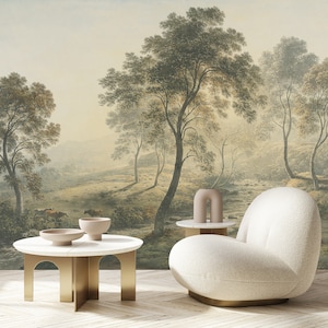 Rural Vintage Landscape Peel & Stick Wall Mural - Painting Retro Forest Self Adhesive Wall Decal - Drawing Replica Removable Wallpaper AM080