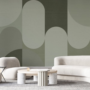 Abstract Green Arches Self Adhesive Wall Mural - Boho Geometric Shapes Peel & Stick Wall Decal - Removable Scandinavian Wallpaper AM064