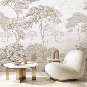 James Vintage Forest Peel and Stick Wall Mural - Beige Retro Trees Self Adhesive Wallpaper - Neutral Landscape  Removable Wallcover AM085