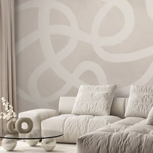 Beige & White Lines Self Adhesive Wall Mural - Neutral Abstract Peel and Stick Wall Decal - Minimalist Design Removable Wallpaper AM007