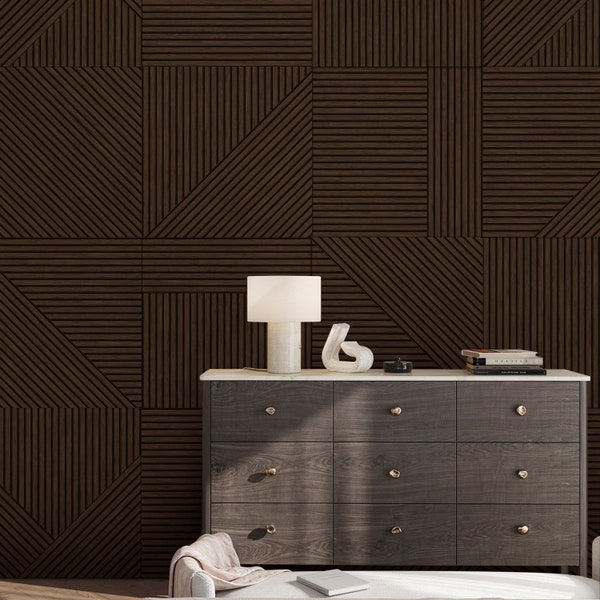 Dark Wooden Panels Effect Peel & Stick Wall Mural - Geometric Walnut Texture Self Adhesive Decal - Rustic Style Removable Wallpaper AM077