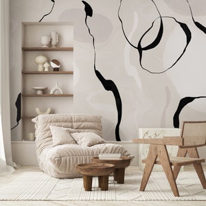 Black Beige Lines Self Adhesive Wall Mural - Neutral Abstract Peel and Stick Wall Decal - Minimalist Design Removable Wallpaper AM036