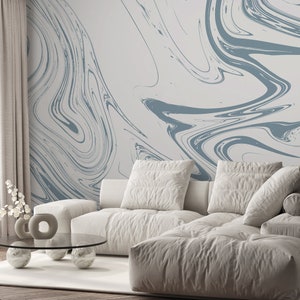 Blue Gray Marble Self Adhesive Wall Mural - Abstract Paint Peel and Stick Wall Decal - Minimalist Boho Design Removable Wallpaper AM052