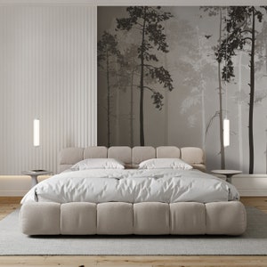 Abstract Foggy Forest Self Adhesive Wall Mural - Neutral Modern Tree Peel & Stick Wall Decal - Minimalist Design Removable Wallpaper AM067