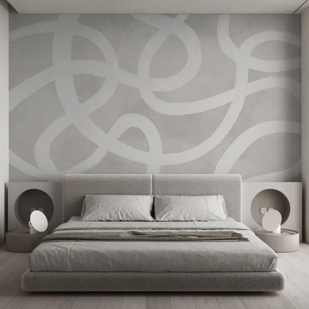 View of Gray & White Lines Self Adhesive Wall Mural - Neutral Abstract Peel and ...