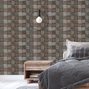 Brown Gray Square Stone Peel & Stick Wallpaper - Natural Stone Tile Texture Self Adhesive Decal - Industrial Style Removable Wall Mural A018