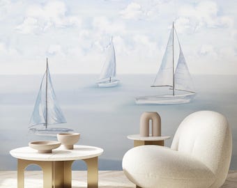 Pastel Blue Sailboat Wall Mural - Watercolor Nautical Peel and Stick Wallpaper Nursery Coastal  AM154