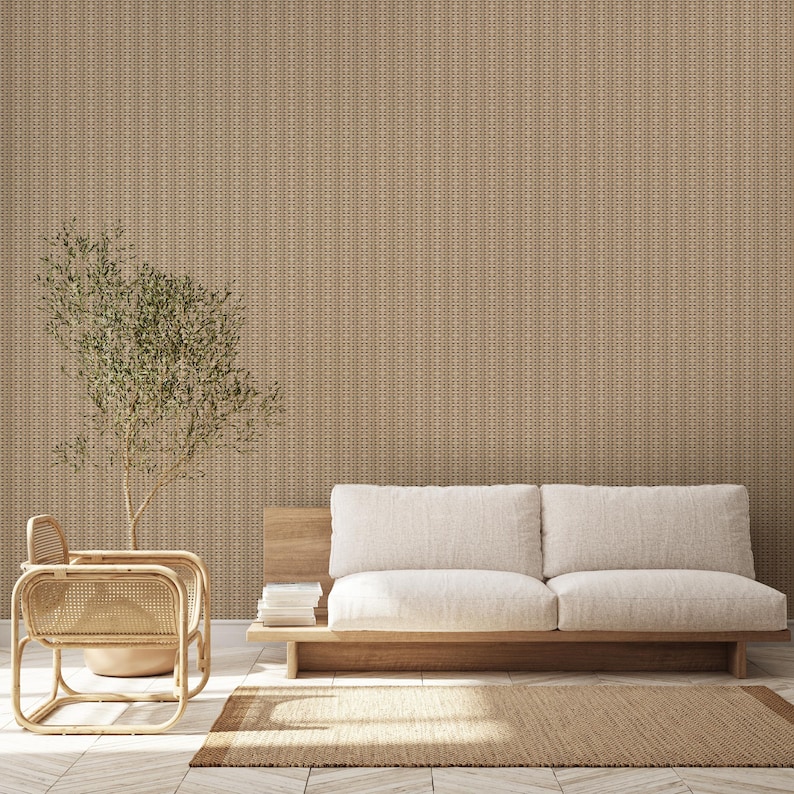 Peel and stick removable mural featuring natural wicker cane webbing pattern.