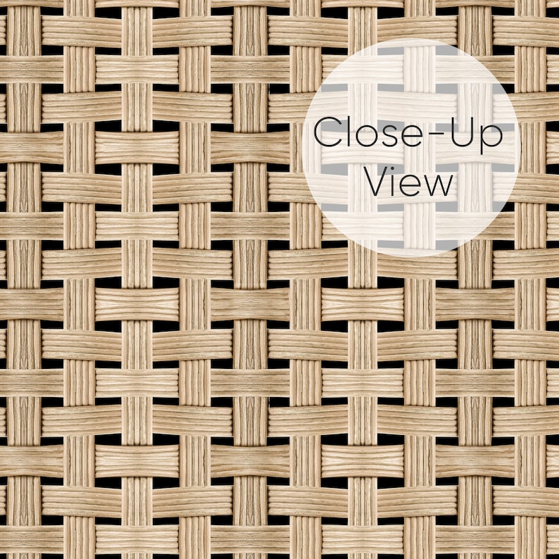 Close-up of tan woven cane wallpaper, textured grasscloth look.