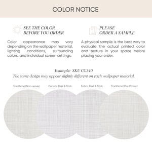 Color infographic explaining that wallpaper appearance may vary by material, lighting, surrounding colors, and screen settings, with a recommendation to order a physical sample before purchasing.