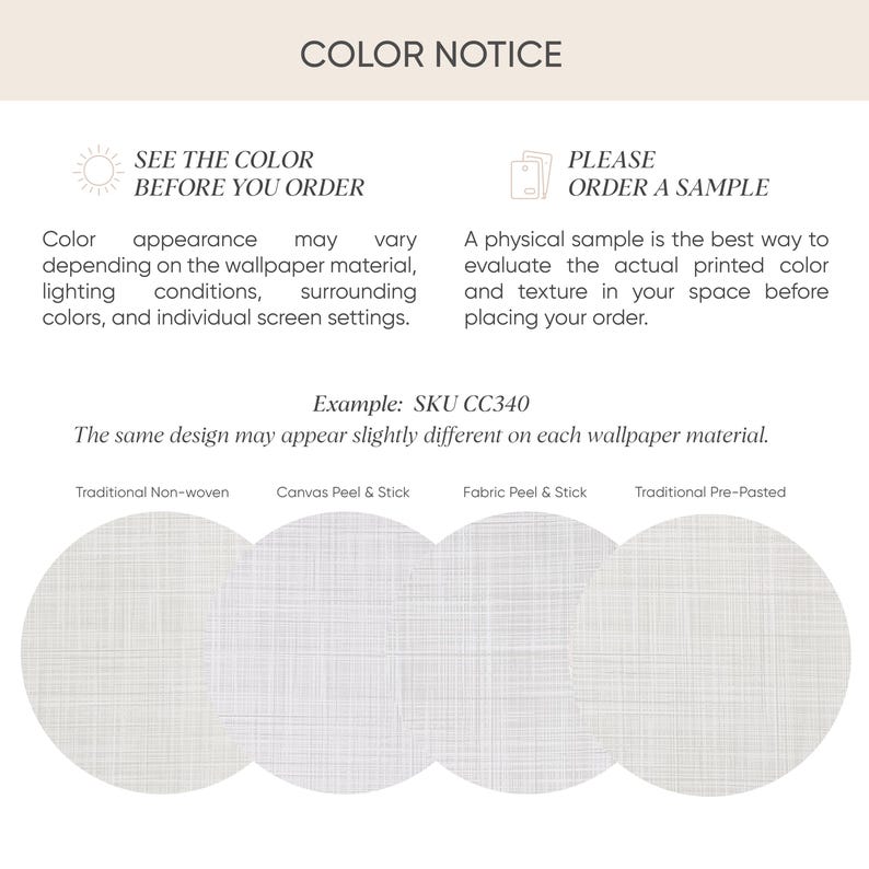 Color infographic explaining that wallpaper appearance may vary by material, lighting, surrounding colors, and screen settings, with a recommendation to order a physical sample before purchasing.
