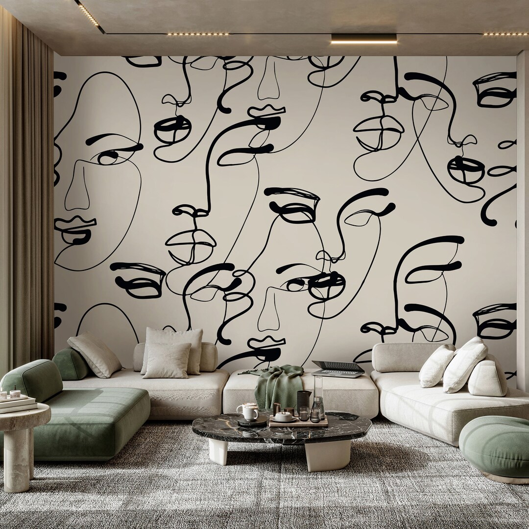 Beige & Black Female Faces Peel and Stick Wall Mural Abstract Lines