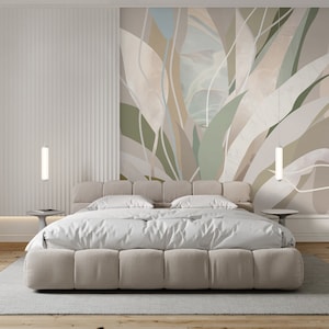 Beige Green Leaves Peel & Stick Wall Mural -  Abstract Self Adhesive Wall Decal - Neutral Floral Design Removable Wallpaper AM079