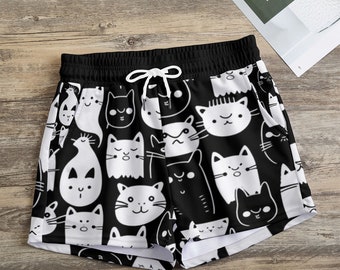 Women's Casual Shorts:Cute and Comfy, Cat Face lounge shorts, Black Running shorts, gym Shorts, Thanksgiving Gift,Gift for her,Christmasgift