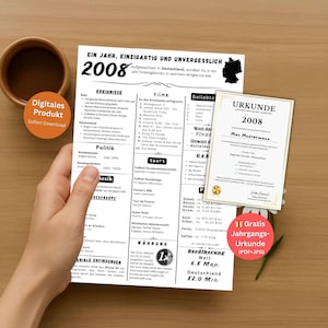 Könnte beinhalten: Ein Dokument aus dem Jahr 2008 in deutscher Sprache, das von einer Hand gehalten wird und Abschnitte über Ereignisse, Filme und Sport enthält. Das Bild enthält ein digitales Produktetikett und ein Zertifikat.