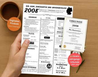 Geburtstagskarte & Poster Jahrgang 2008 – Schlichter Jahresrückblick mit Fakten als PDF Sofort-Download für Last-Minute Geschenke