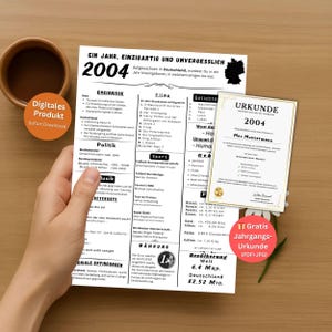 Geburtstagskarte & Poster Jahrgang 2004 – Schlichter Jahresrückblick mit Fakten als PDF Sofort-Download für Last-Minute Geschenke