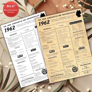 Jahreskarte 1962 gedruckt – personalisiertes Geschenk zum 63 Geburtstag | Besonderes Geburtstagsgeschenk | 1962 | Retro Geburtstagsgeschenk