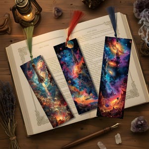 Marque-page fusée - Galaxie | Accessoire de livre plastifié fait main | Cadeau pour les amoureux des livres