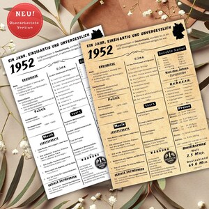 Jahreskarte 1952 gedruckt – personalisiertes Geschenk zum 73 Geburtstag | Besonderes Geburtstagsgeschenk | 1952 | Retro Geburtstagsgeschenk