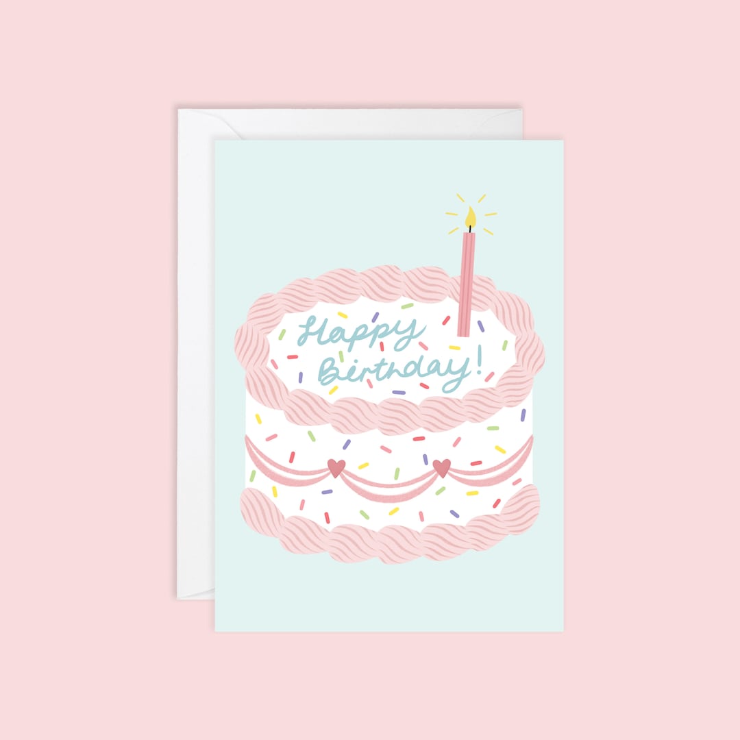Happy Brthday Card Pnk Heart Cake Cng Vntage Pastel Sparkler