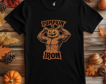 Funny Halloween Pumpkin 'Pumpkin' Iron' Unisex Tee, Workout Tee, Gym Tshirt, Fitness Shirt, Pumpkin Lover Gift, Halloween Costume Shirt