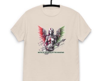 Metallic Melodies in the Shadows - Gothic Angel Robot Musician T-Shirt | Dark Fantasy Tee | Unique Art Shirt
