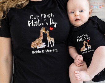 Personalized Our First Mothers Day T-shirt With Cute Giraffes as Mothers Day Gifts, Custom Name Baby Bodysuit as Newborn Gift