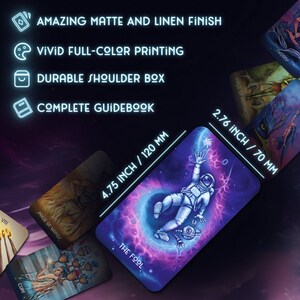 May include: A tarot deck with vibrant full-color printing on matte linen cardstock. The cards are 4.75 inches by 2.76 inches and come with a guidebook. The deck features a colorful illustration of The Fool card, depicting an astronaut floating in space.