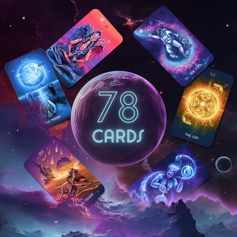 May include: A set of 78 tarot cards with colorful illustrations against a dark purple and blue galaxy background. The cards feature images of the Fool, the Moon, the Tower, the Sun, the Magician, and Swords.