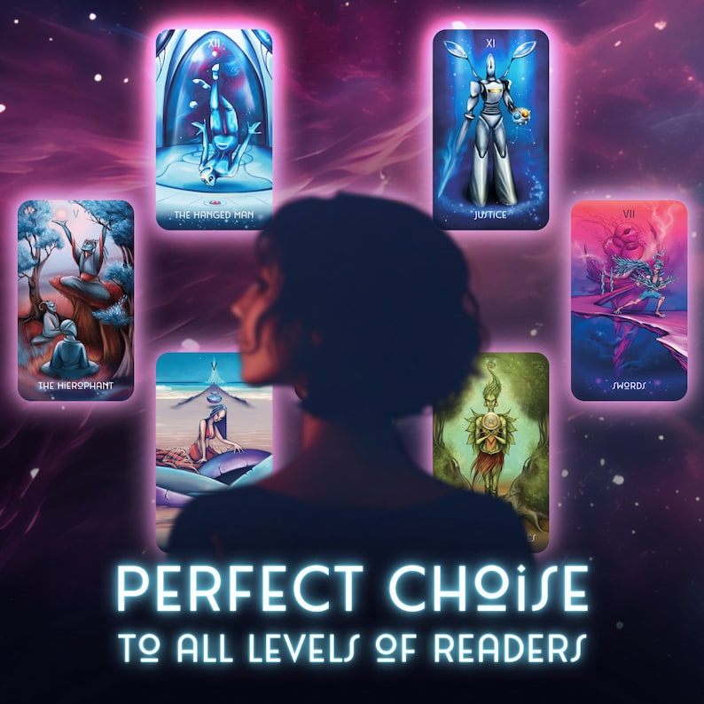 May include: A set of tarot cards with colorful illustrations and text. The cards are arranged in a circle around a person's face. The text on the cards includes "The Hierophant", "The Hanged Man", "Justice", "VII Swords". The text at the bottom of the image reads "PERFECT CHOISE TO ALL LEVELS OF READERS".