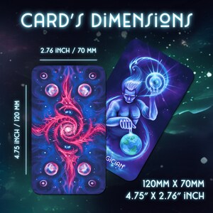 May include: Two tarot cards with a blue and purple background. The card on the left has a pink and red spiral design with four small circles around it. The card on the right has a blue figure with a blue orb in their hand. The text on the cards reads "CARD'S DIMENSIONS", "2.76 INCH / 70 MM", "4.75 INCH / 120 MM", "GICIAN", "120MM X 70MM", and "4.75" X 2.76" INCH".