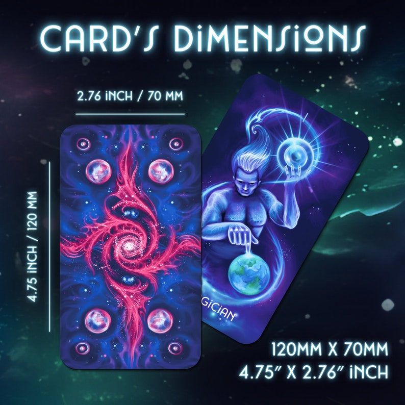 May include: Two tarot cards with a blue and purple background. The card on the left has a pink and red spiral design with four small circles around it. The card on the right has a blue figure with a blue orb in their hand. The text on the cards reads "CARD'S DIMENSIONS", "2.76 INCH / 70 MM", "4.75 INCH / 120 MM", "GICIAN", "120MM X 70MM", and "4.75" X 2.76" INCH".