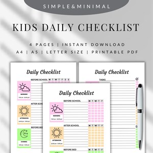 Peut inclure: Un modèle de liste de contrôle quotidienne pour enfants, imprimable et de conception minimaliste. La liste comprend des sections pour les tâches du matin, de l'après-midi et du soir. Le texte "KIDS DAILY CHECKLIST" est en haut.