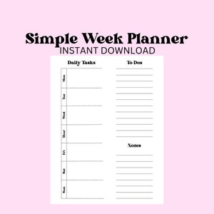 Minimal Weekly Planner Printable w/ note section, To-Do Schedule List Template, Easy Simple Organizer, Week at Glance, Instant Download PDF