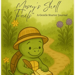 Peut inclure: Illustration d'une tortue verte portant un chapeau, écrivant dans un journal. Le titre est "Mosey's Shell Trails" et "A Gentle Starter Journal". L'arrière-plan présente un chemin, des fleurs et une palette de couleurs vert clair.