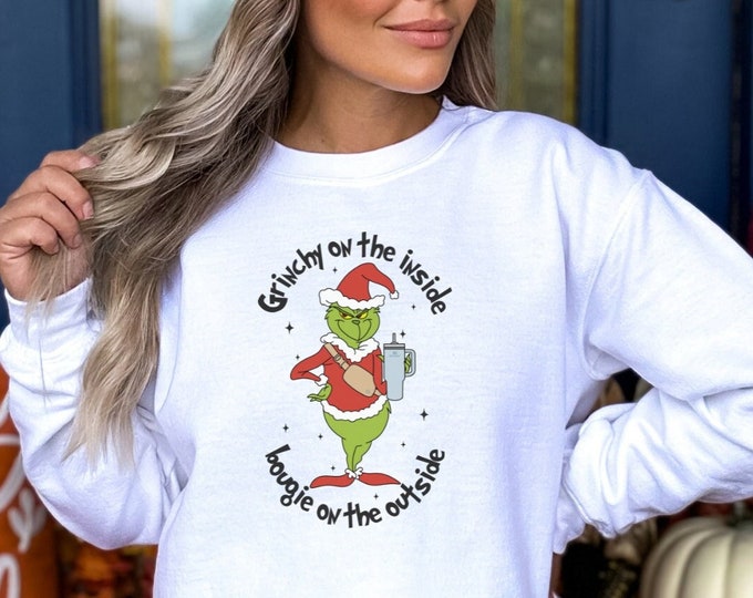 Grinchy sweatshirt, bougie Grinch, grinch with coffee, grinch with fanny pack, funny grinch