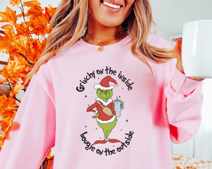 Grinchy sweatshirt, bougie Grinch, grinch with coffee, grinch with fanny pack, funny grinch