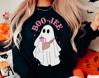 Custom Halloween Ghost Sweatshirt, Boo Jee Spooky Sweater, Fall Coffee Cup Autumn Season Pullover, Spooky Vibes PSL Lover, Halloween Gift