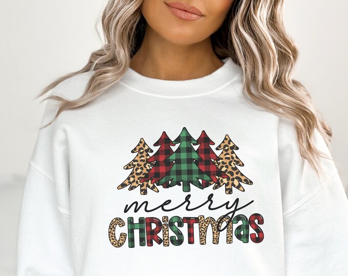Merry Christmas sweatshirt Plaid Christmas Trees Leopard print holiday sweatshirt