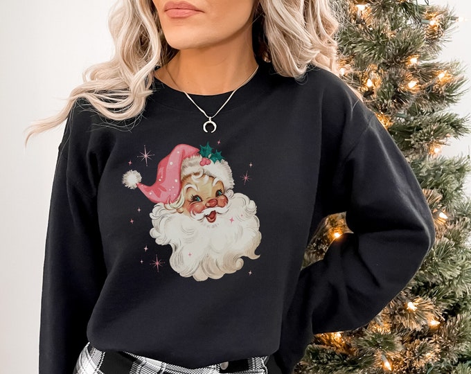 Pink retro Santa sweatshirt, Santa sweatshirt, Holiday sweatshirt, DaCozies
